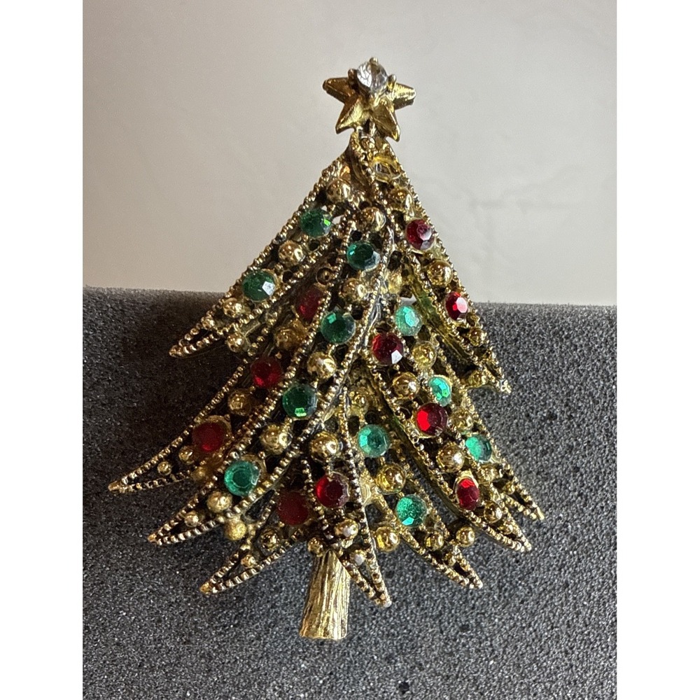 Vintage Hollycraft Christmas Tree Pin Brooch Rhinestones MCM Missing 1 Stone